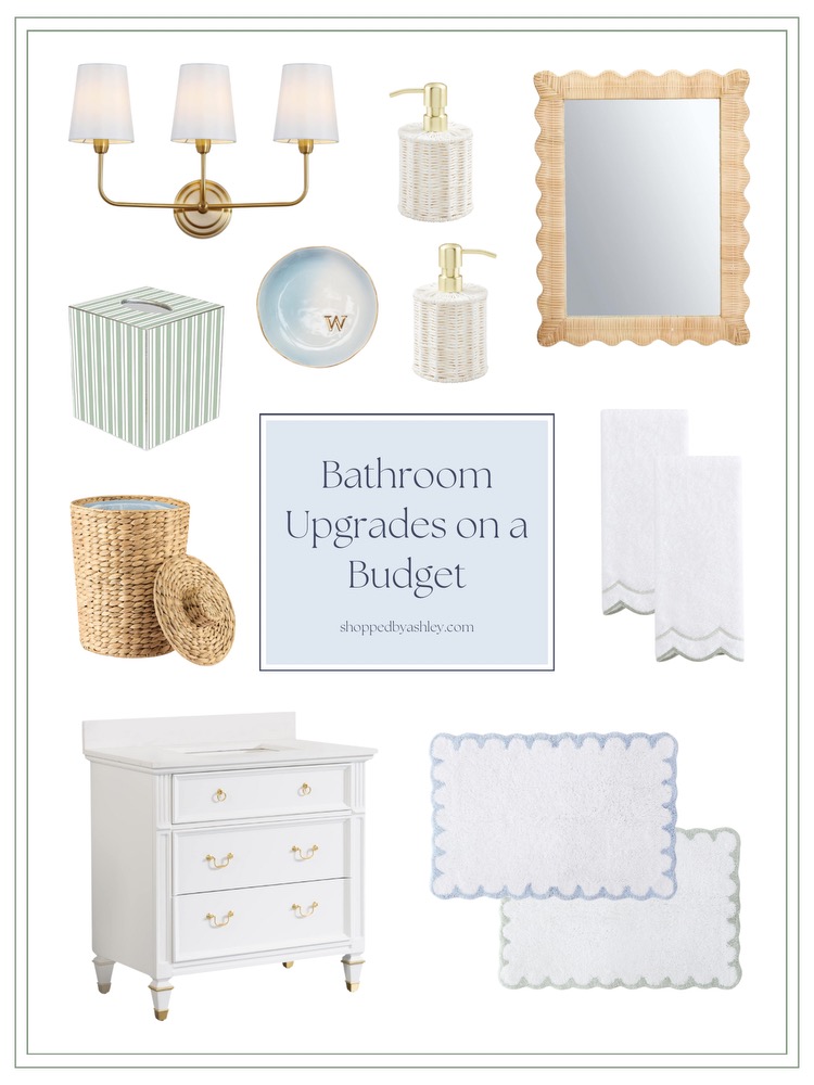 a collage graphic of my favorite coastal bathroom finds