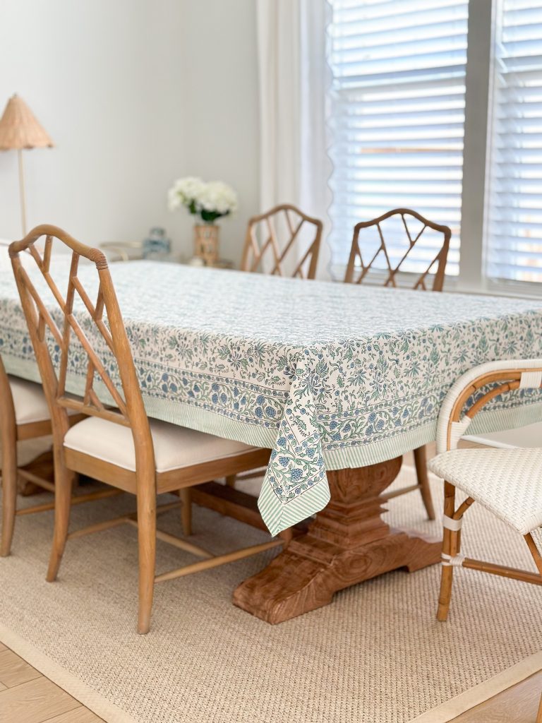 blue and green blockprint tablecloth